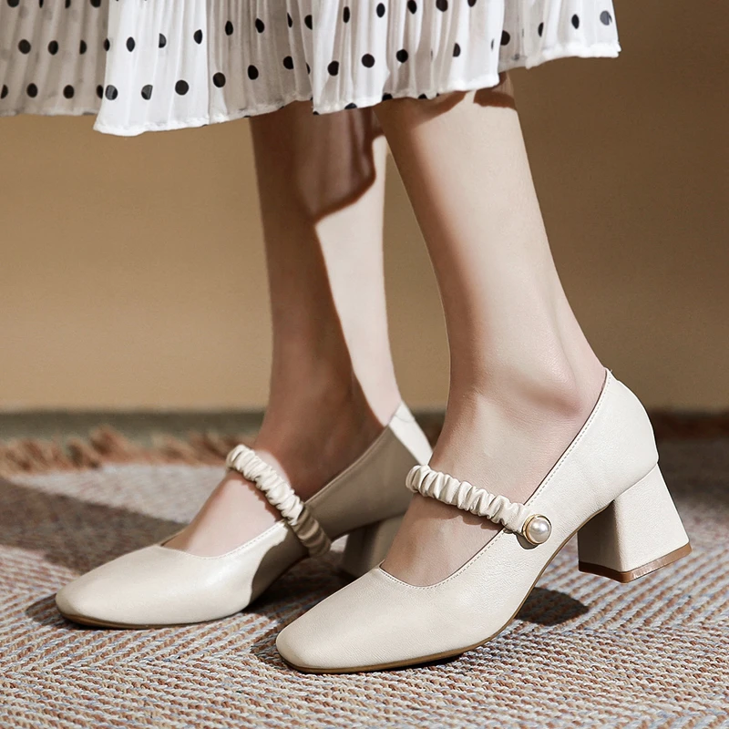 ..All-match Solid Color Women's Shoes Summer New Work Wear Matching Skirt Thick Heel Square Head Fashion Mary Jane Shoes Women