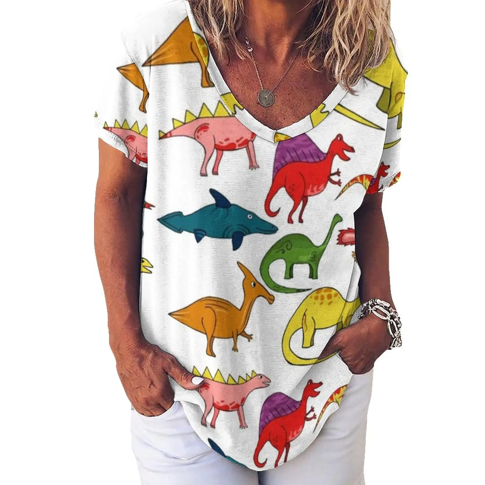 

Dinosaurs Pattern T Shirt Cartoon Dinosaur Colorful Animal Retro Oversized T-Shirts Short Sleeves V Neck Korean Fashion Tshirt