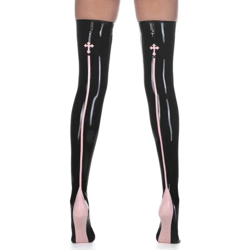 Латексные резиновые чулки Gummi черного цвета с розовой отделкой сексуальный фетиш