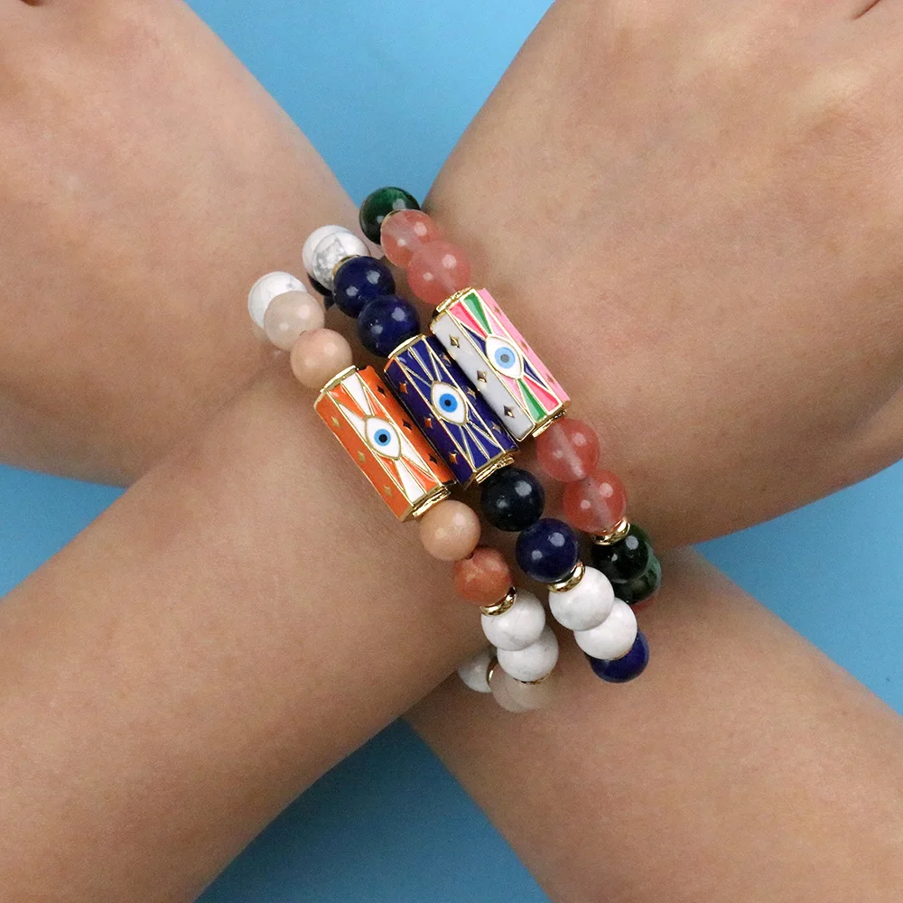 

Handmade Natural Stone Bracelets Lucky Evil Eye Charm Enamel Bracelets For Women Personalized Elastic Jewelry Friendship Gifts