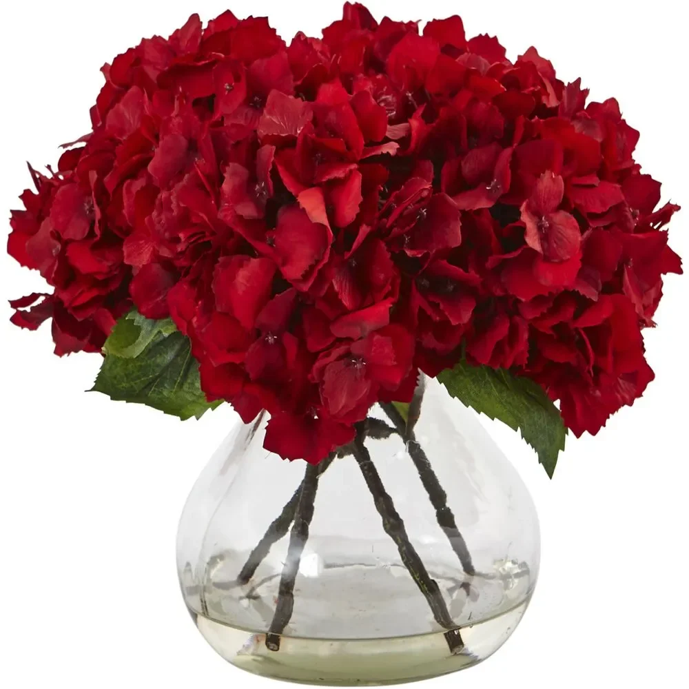 

Red Hydrangea Artificial Silk Flower Arrangement, with Vase, Red