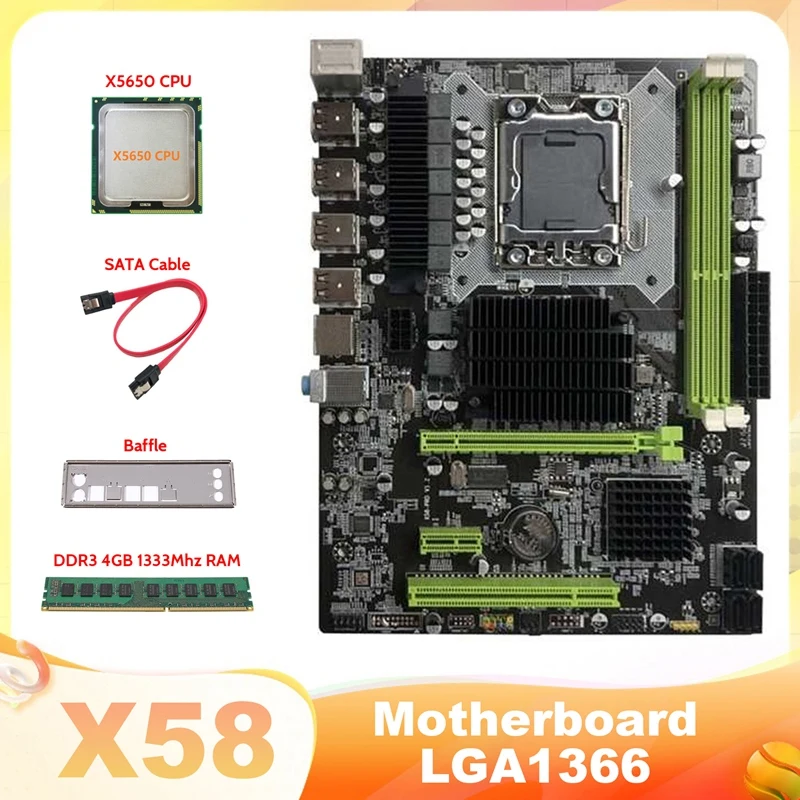 

Материнская плата X58 LGA1366, компьютерная материнская плата с поддержкой RX, графическая карта с процессором X5650 + DDR3 4 Гб 1333 МГц ОЗУ + кабель SATA