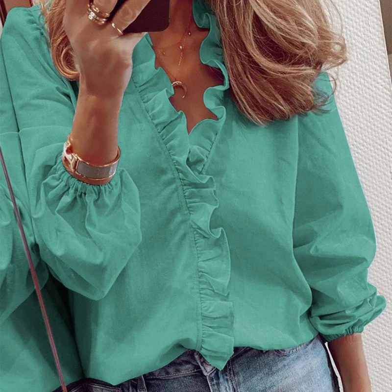 

Women Puff Long Sleeve Shirts Elegant Ruffles Trim Stand Collar Tunic Blouse Sexy V-Neck Solid Color Loose Pullover Tops