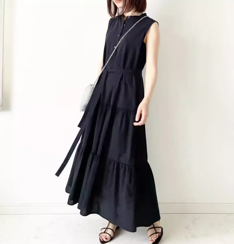 Japanese Lace Up Slim Waist Ruffles Dress Women O Neck Sleeveless Sundress Robe Femme Solid Party Tanks Vestidos Fashion Summer