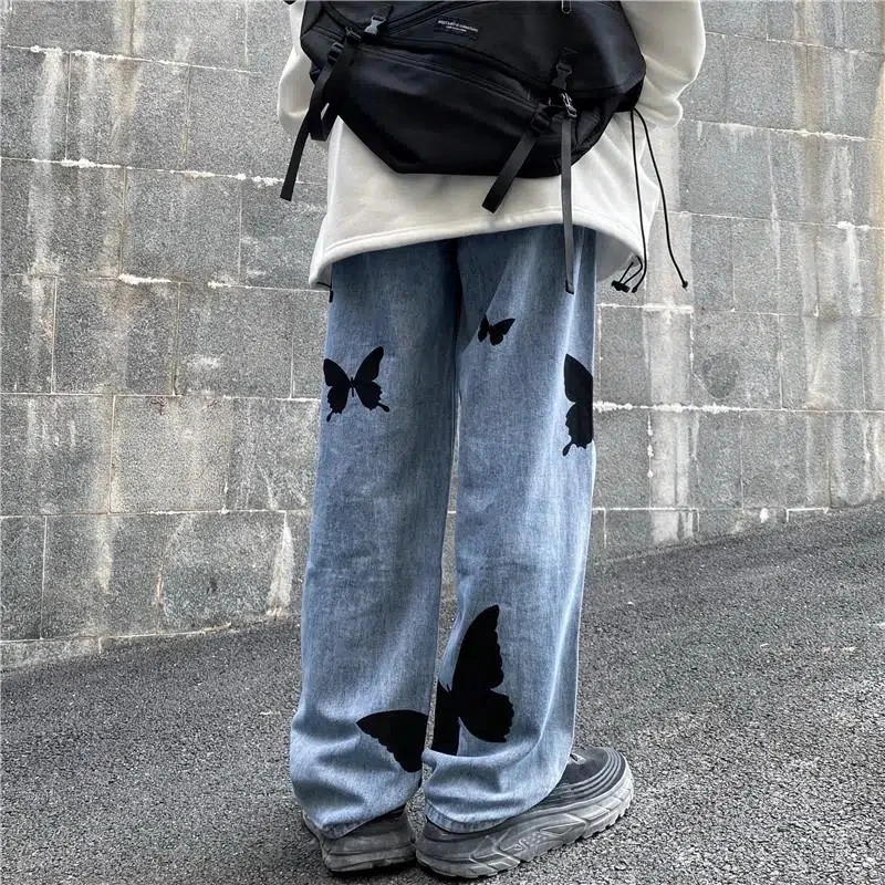 European American High Street Letters Embroidery Oversized Jeans On The Back Of Men'S Loose Straight-Leg Ripped Trousers Unisex