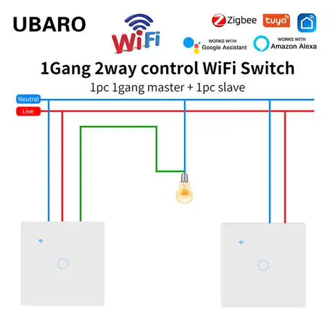 Умный переключатель UBARO EU Tuya с Wi-Fi, 1 клавиша, 2 канала, сенсорная стеклянная панель, несколько кнопок, голосовой переключатель Alexa Google Home, пере...