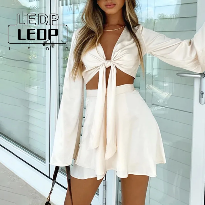 

LEDP Spring and Autumn Lantern Long-sleeved Short Cardigan Top Short Skirt Two-piece Elegant Suit Lace-up Top Sexy Mini Skirt