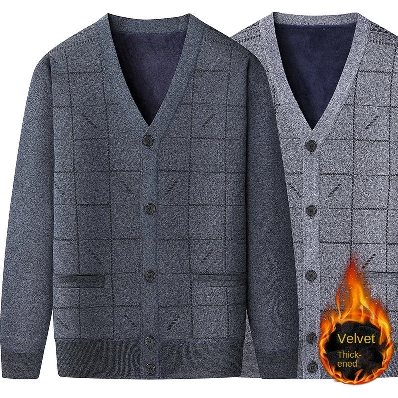 

Autumn Winter Men's Cardigan Coat V Neck Knitted Sweater Retro Loose Casual Plaid Single Breasted Long Sleeve Warm Cardigan