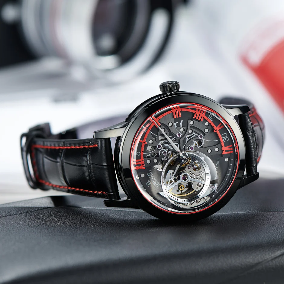 

Автоматические часы-скелетоны OBLVLO мужские, повседневные механические водонепроницаемые зеркальные красные часы с ремешком из телячьей ко...