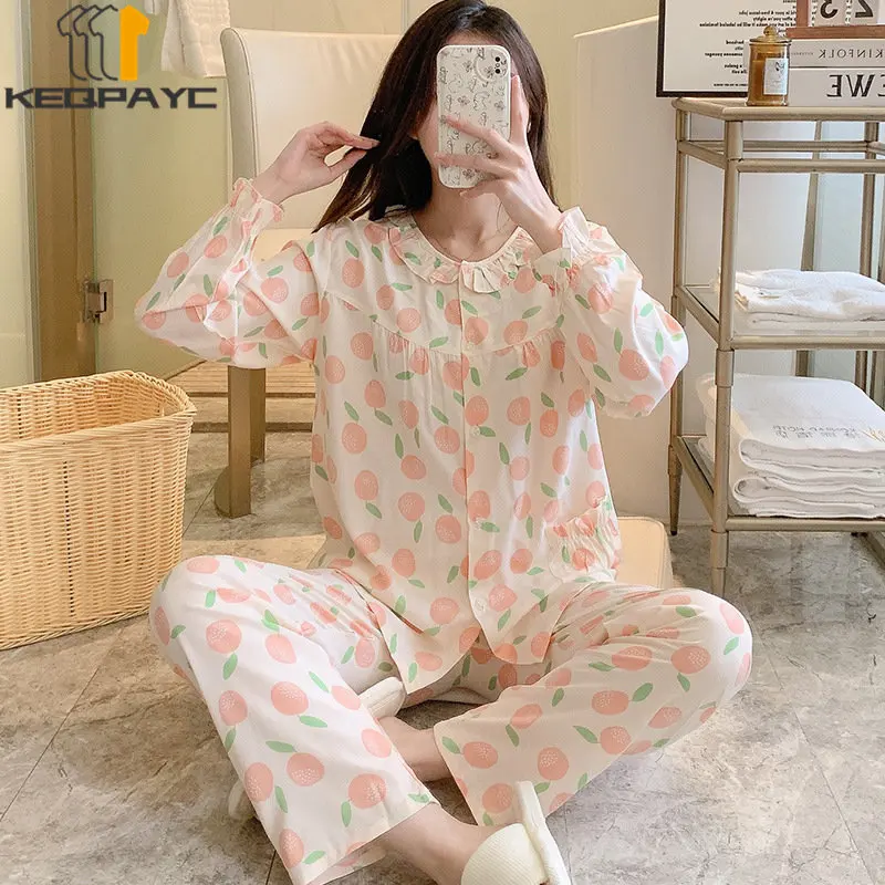 Women's Pajamas New Spring Autumn Peter Pan Collar Long Sleeve Thin Sleepwear Pyjamas Woman Cartoon Nightwear Clothing Sets