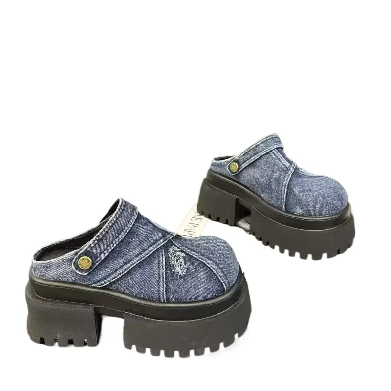 Летние женские тапочки джинсовые сандалии с круглым носком уличная повседневная