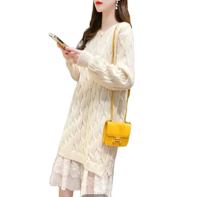 Сетчатое красное кружевное платье, свитер, Женская юбка, Свободный Повседневный свитер в Корейском стиле, универсальная женская верхняя одежда