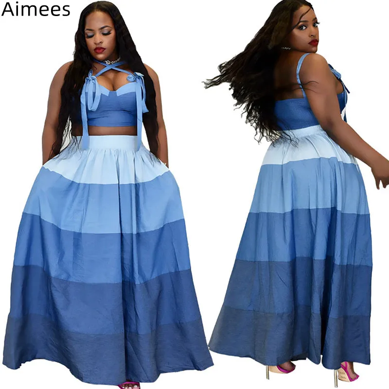 

Модный женский костюм из двух предметов, свободная юбка в стиле пэчворк синего цвета, Повседневная Клубная одежда с высокой талией, укороче...