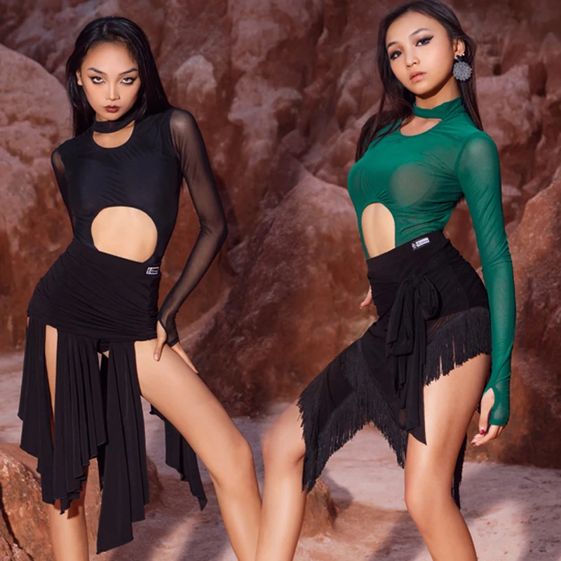

Sexy See-Through Mesh Tops Irregular Skirt Suit Latin Dance Performance Costumes For Women Rumba Tango Latin Dance Wear DQS9259