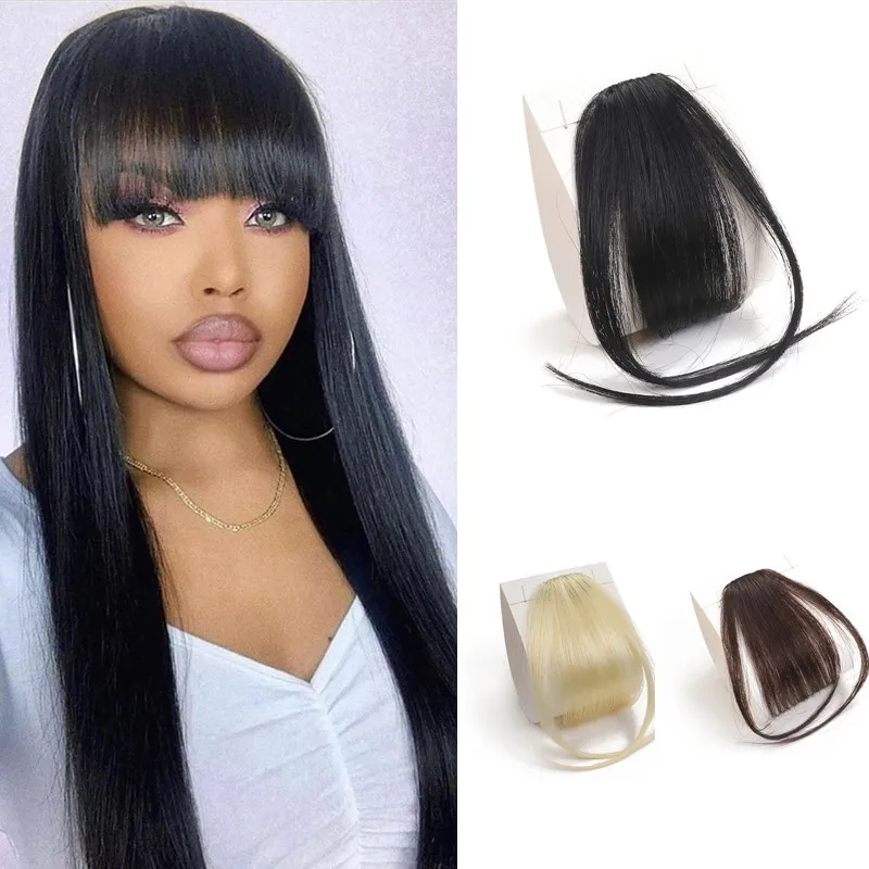 Flequillo de cabello humano para mujer, peluca con flequillo de aire, 100% de cabello humano con Clip, 1 piezas, Color negro y Rubio