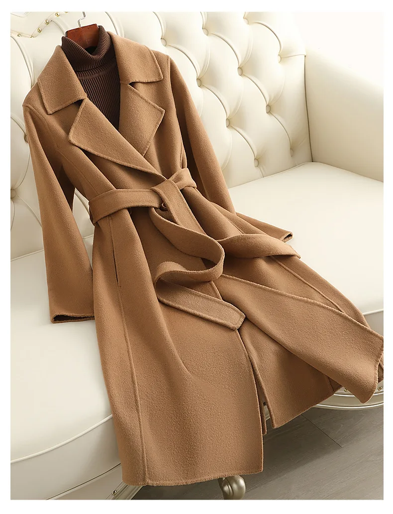 

2023 Autumn/Winter New Fashion Double sided Woolen Coat Women's Mid length Slim Fit Over Knee Slim Woolen Coat