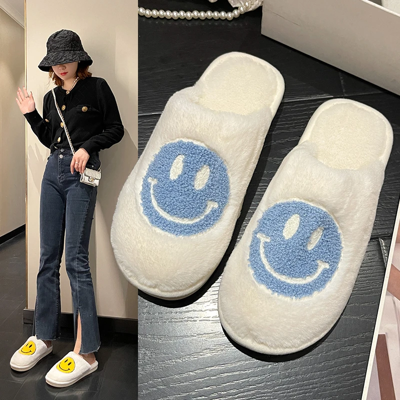 

Женские меховые тапочки Smiley, Симпатичные мюли для пола с большой улыбкой, Короткие Плюшевые флисовые туфли на плоской подошве, дамские комн...