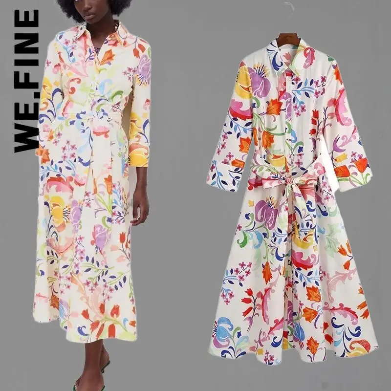 

We.Fine rint Turn-down Collar Sashes Women's Dress Basic Soft Party Dresses All-Match Cheap Female Vestidos Clothing