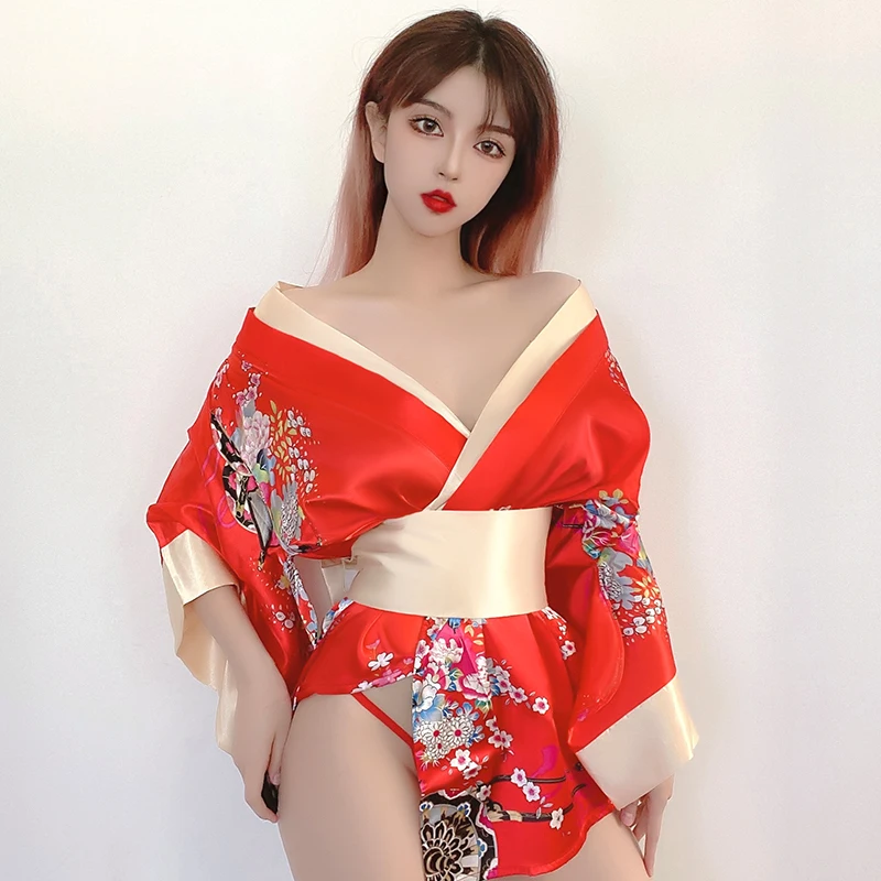 

Sexy Costume Women 18+ Porn Japanese Lingerie Robe Cosplay Temptation Print Red Black Kimono Dress Erotic Games Anime