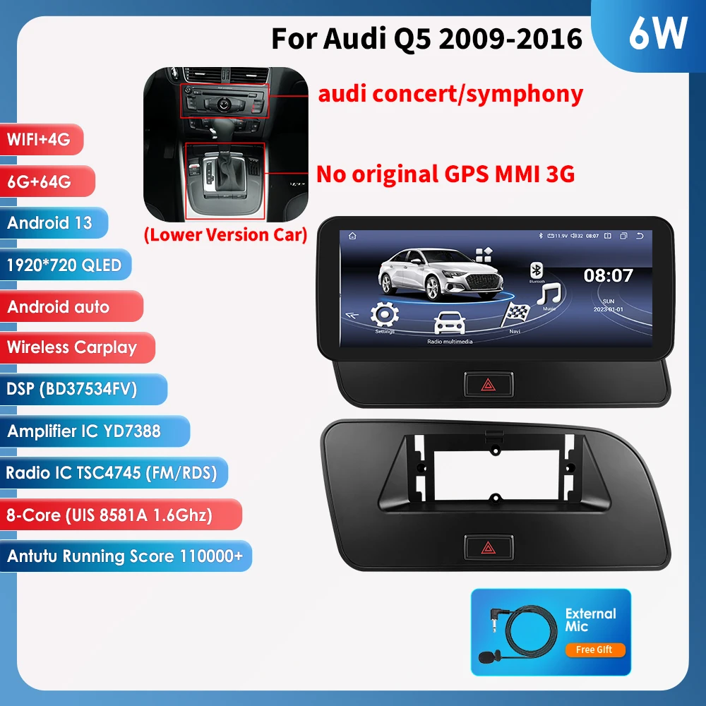 

Автомобильный радиоприемник Carplay Android 13 для Audi Q5 2009-2016, авторадио, мультимедийный плеер, 2din, автомобильные интеллектуальные системы, GPS navi, стерео
