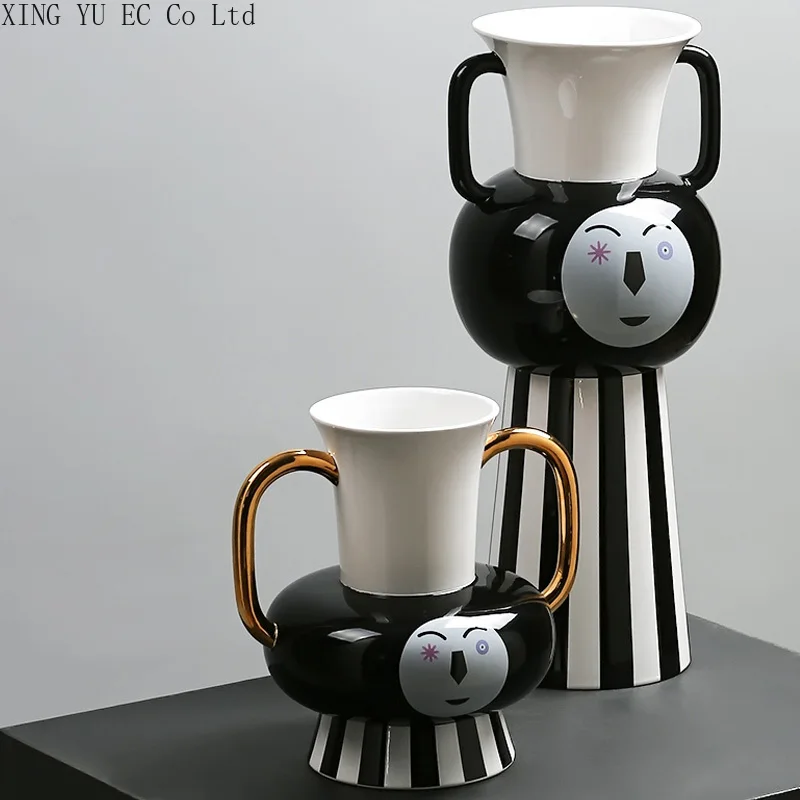 

Black and White Striped Ceramic Vase Abstract People Face Vase Flower Arrangement Accessories Living Room Home Decor Modern