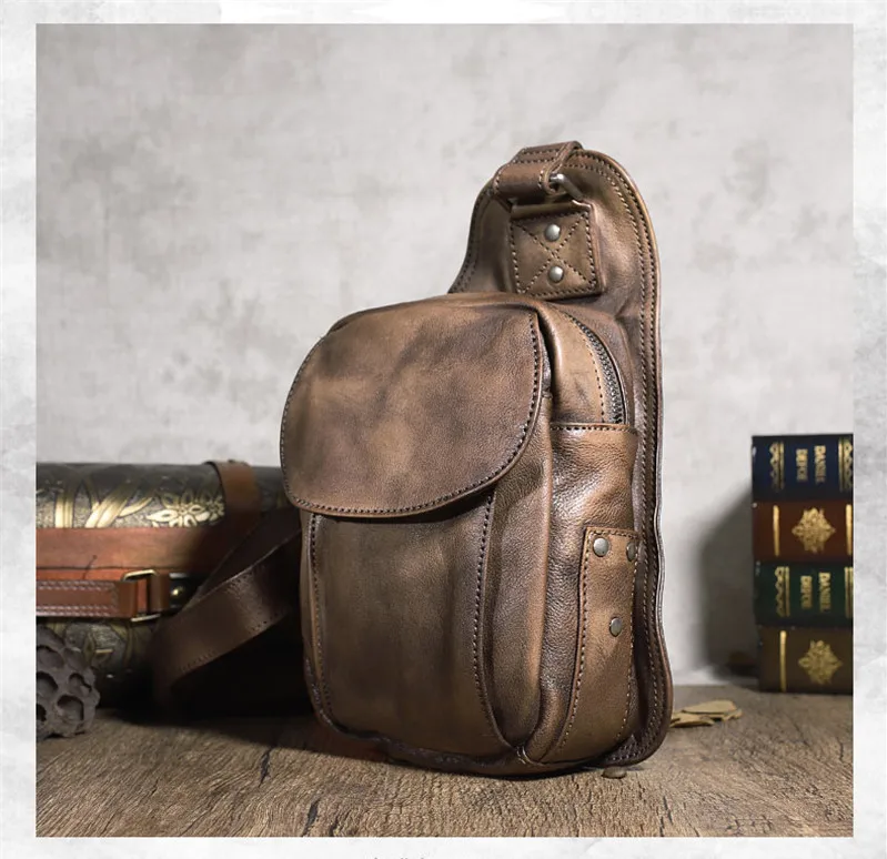 Vintage designer natural genuine leather men's chest bag casual designer handmade real cowhide outdoor daily crossbody bag