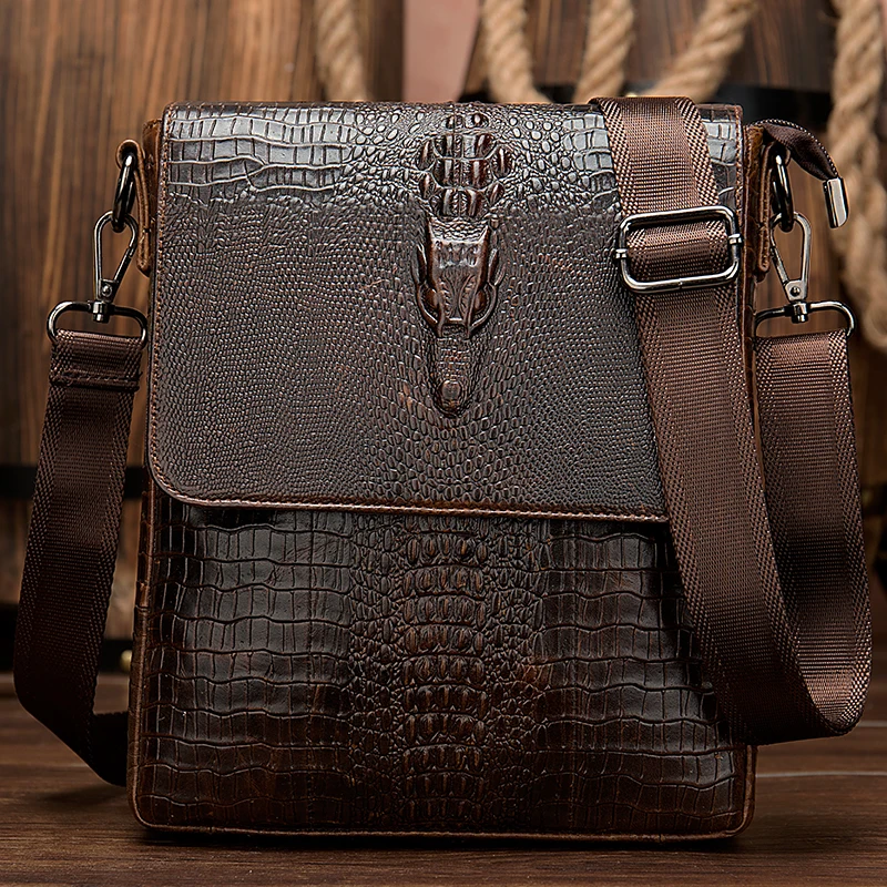 

Shoulder Bag For Men Luxury Brand Genuine Leather Crocodile Pattern Male Crossbody Top Layer Cowhide Vintage Flap Zipper Handbag