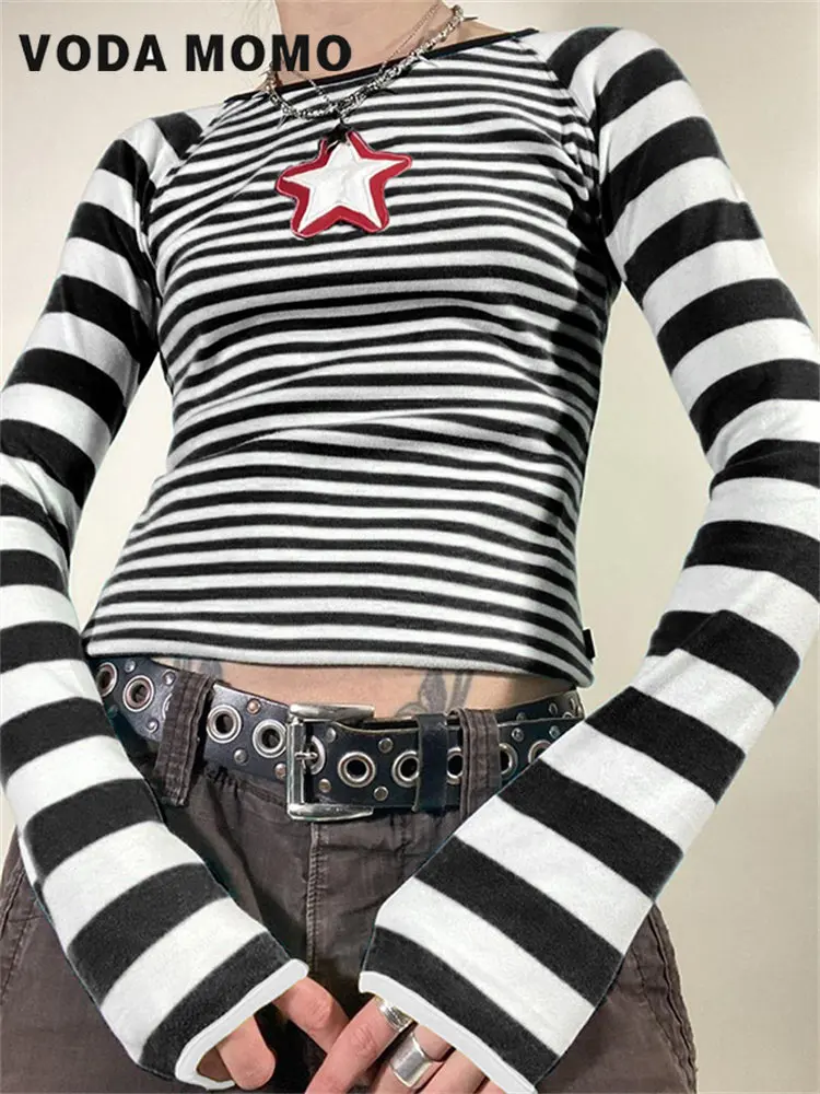 

Женский Повседневный пуловер в стиле Харадзюку, укороченный топ в полоску с длинным рукавом и винтажным принтом звезд, модная уличная одежда на осень