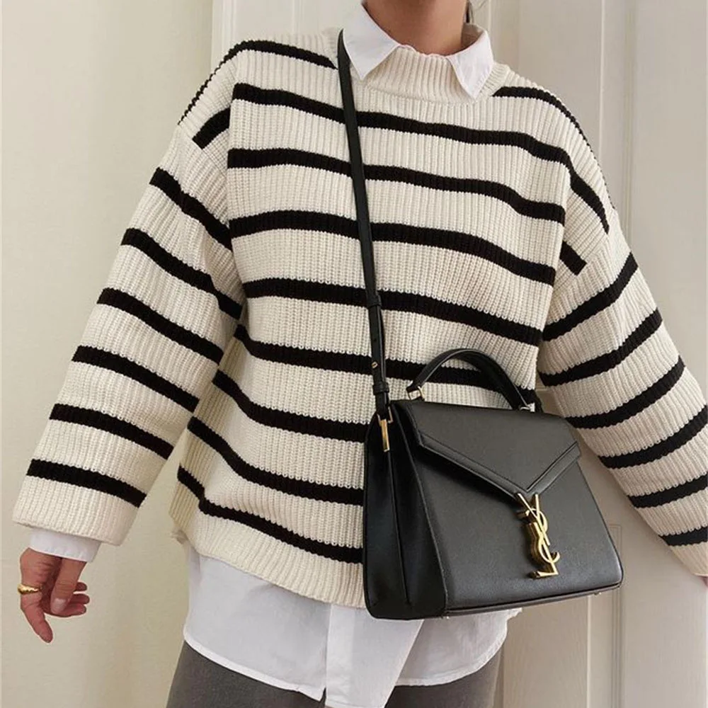 Женский свитер в полоску, свободный шерстяной пуловер с круглым вырезом и длинными рукавами, вязаный Топ для ленивых, Осень-зима 2022
