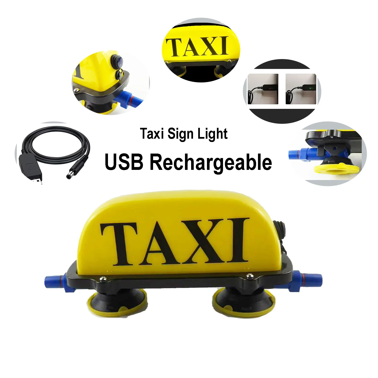 Фото Перезаряжаемый через USB фонарь для такси с двумя ручными вакуумными насосами на присоске, герметичные и водонепроницаемые фонари для вывески TAXI, желтый корпус №5