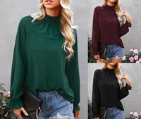 2022 spring and autumn new tops womens solid color loose pullover long sleeved t shirt casual commuter office all match tops
