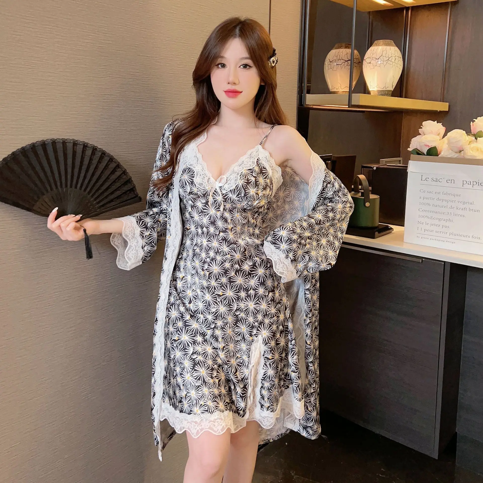 

Комплект женский кружевной с принтом, пикантный Шелковый Атласный халат-кимоно, ночная рубашка, Повседневная Домашняя одежда, домашний халат, на лето