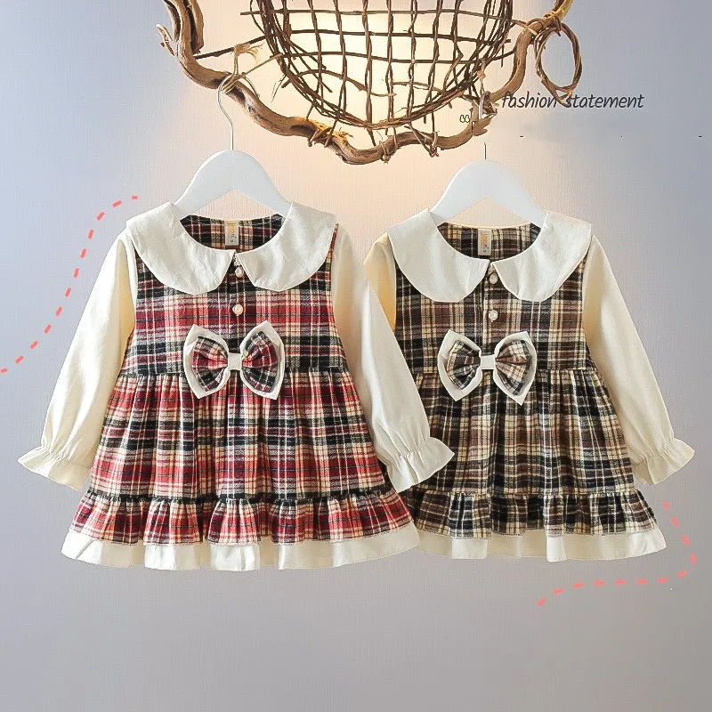 

2022 New Winter 1 Year Baby's Birthday Newborn Girl's Clothes Plaid Bowknot Dress for Girls Baby Clothing Outdoor Warm Dress