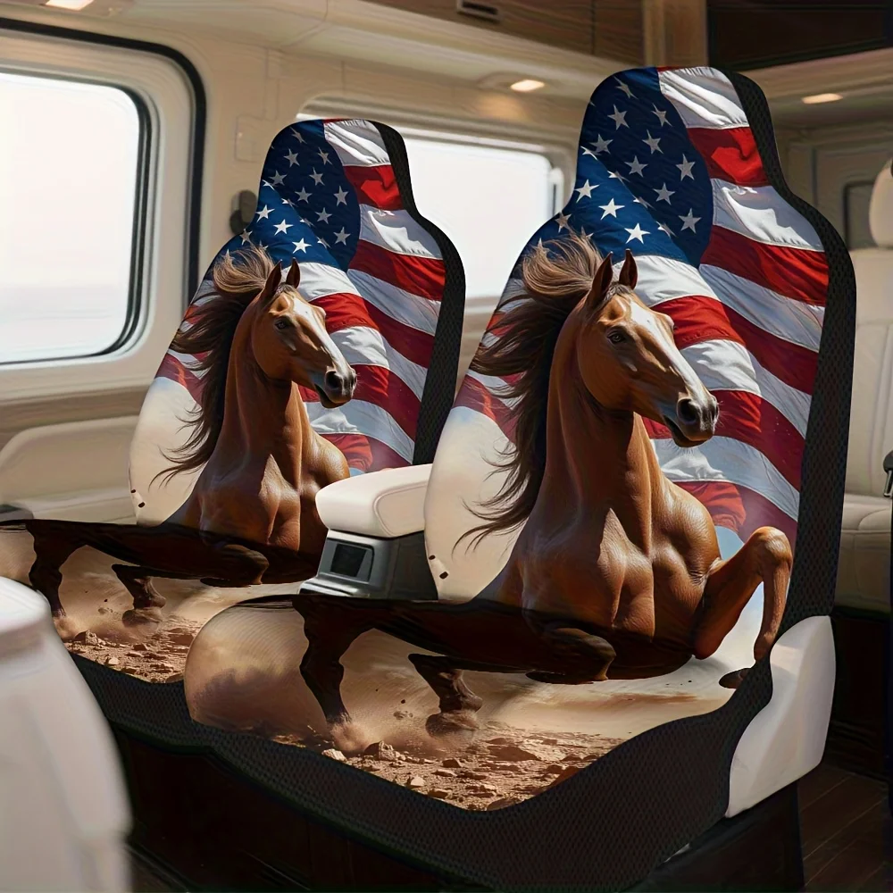 Фото 2 шт., чехлы на передние сиденья Galloping Horse с дизайном флага США, предназначенные для передних сидений водителя и пассажира, помогают поддерживать оригинал №3