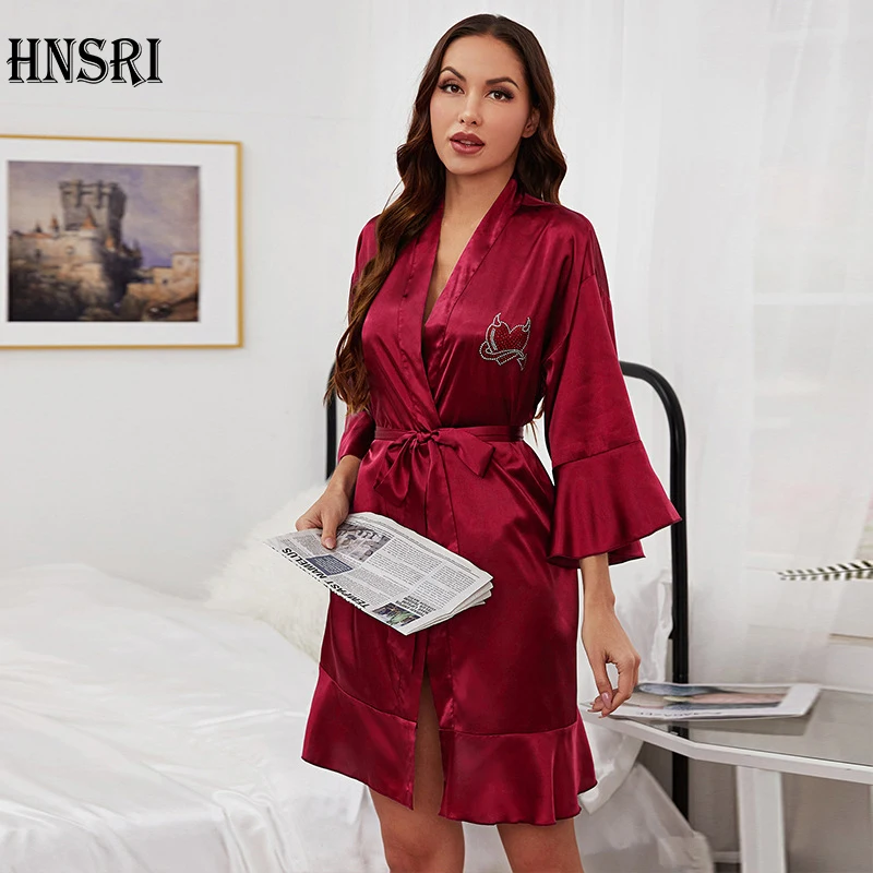 

Women Satin Robe Ice Silk Solid Color Nightgown Deep V Bridesmaid Wedding Party Dress Gown Nightgown Short Kimono Sleepwear
