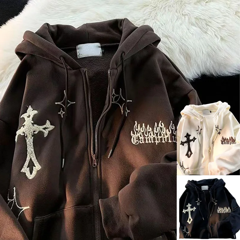 

Корейские винтажные женские толстовки 2022 на молнии, новая мужская верхняя одежда в стиле ретро с длинным рукавом, мужская хлопковая Свободная верхняя одежда с пламенем и карманами, Новинка