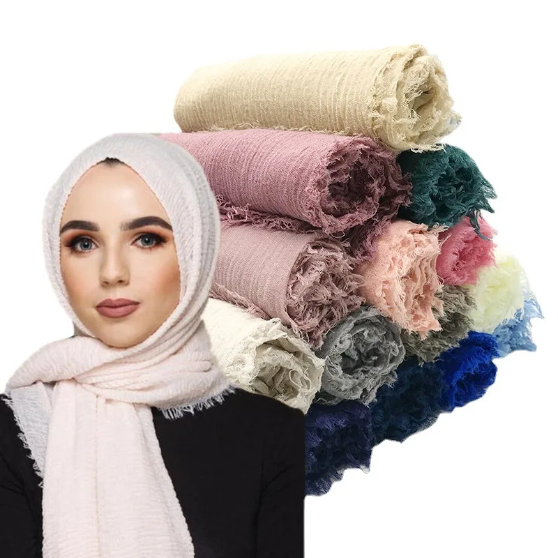 

Длинные малайзийские шарфы Crinklear, Женский однотонный хлопковый льняной Мягкий головной платок, шали, дешевые новые женские мусульманские ш...
