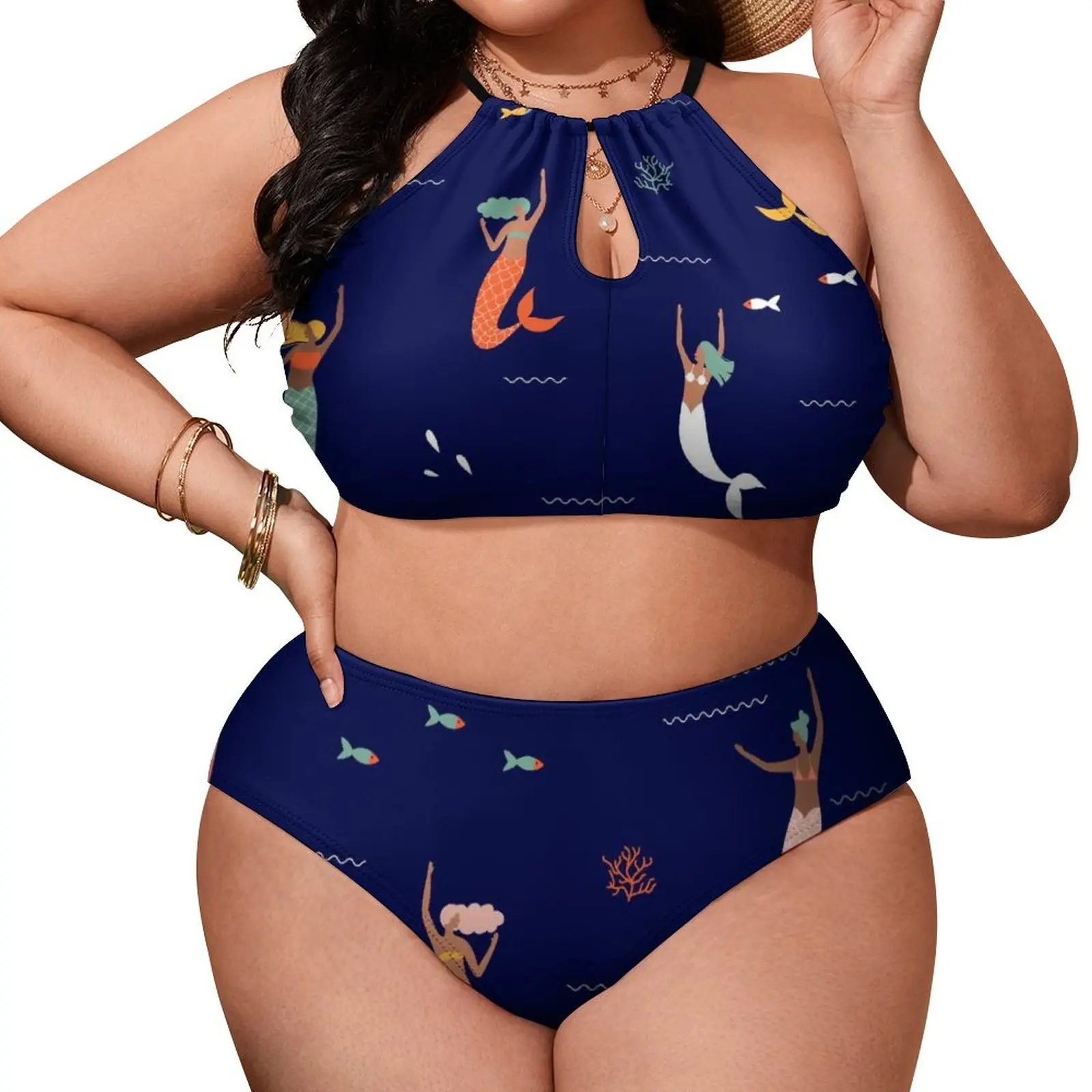 

Sexy Cartoon Mermaid Bikini Set Mermaids Playing Elegant Bikini Swimsuit Push Up High Neck Swimwear Pattern Swimsuits Beach Wear