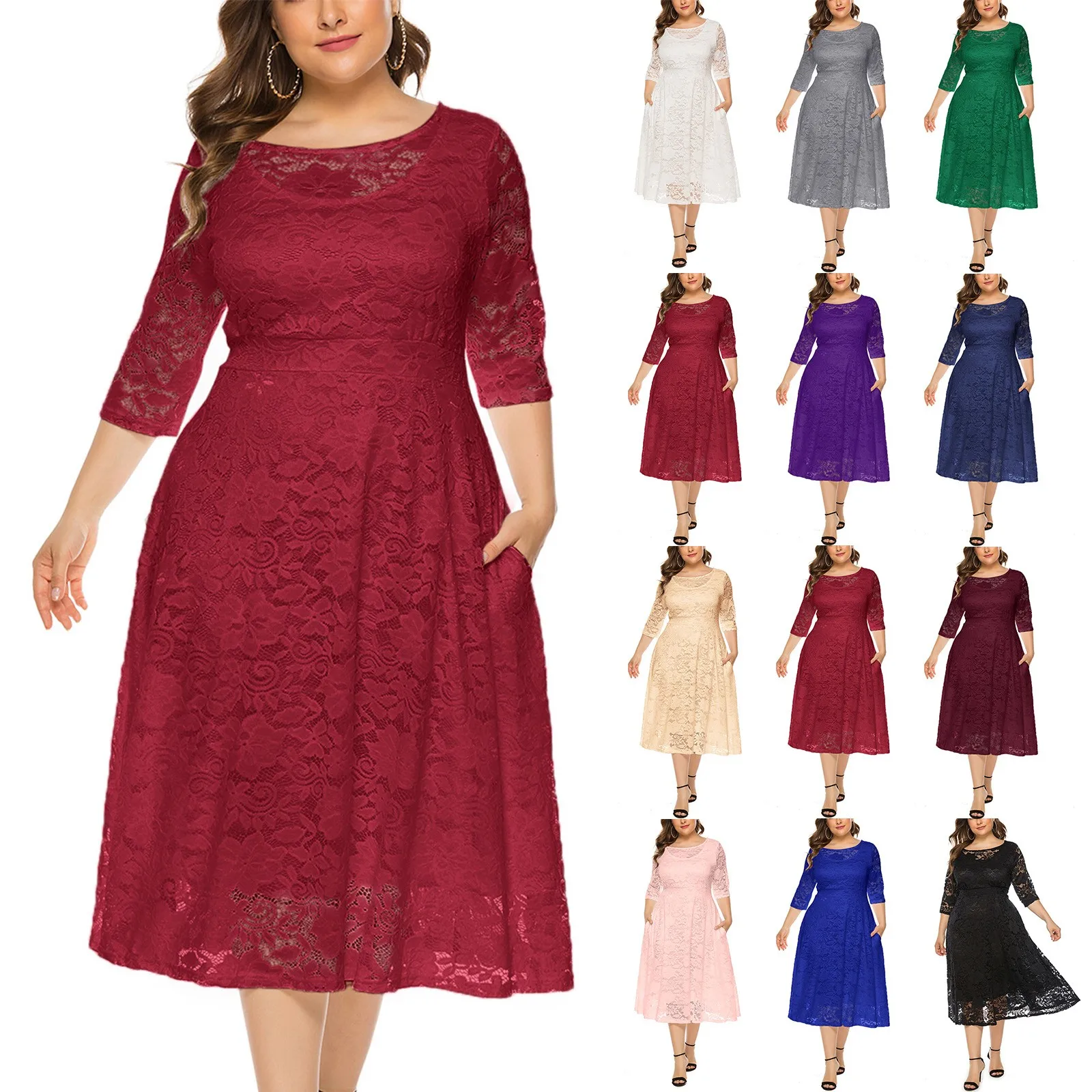 

Stylish Women Elegant Hollow Out Lace Dress Sexy Slim Big Swing Pretty Round Neck Dresses Mother Of Bride Evening Party Dress