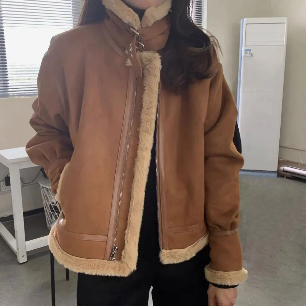

Women Faux Leather Fur Coats Sheep Leather Shearling Thicken Jacket Lady Fashion Long Sleeve Zipped Outerwear Winter Warm Coat