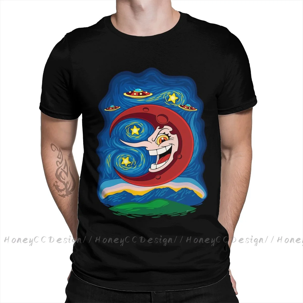 Cuphead T-Shirt Men Top Quality 100% Cotton Short Hilda Berg - Starry Night Summer Sleeve asual Shirt Loose Tees