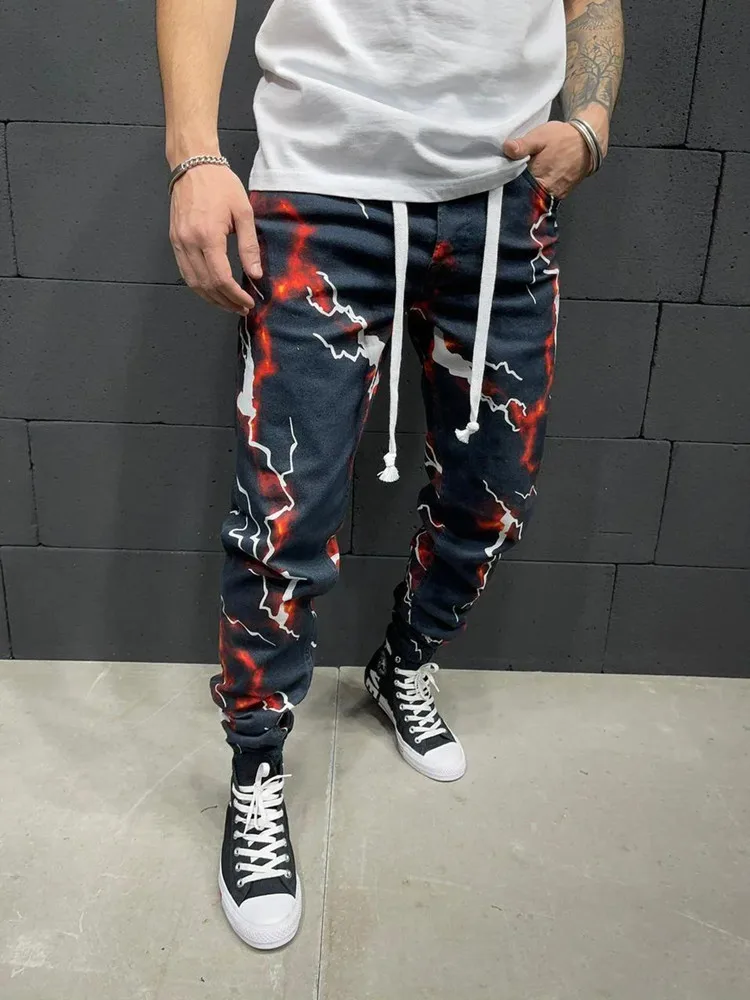 

2022 Tie Dye Men's Casual Pants lightning Slim Fit Trousers Zipper Mid Waist Skinny Party Male Summer Stretchy Pencil Pants
