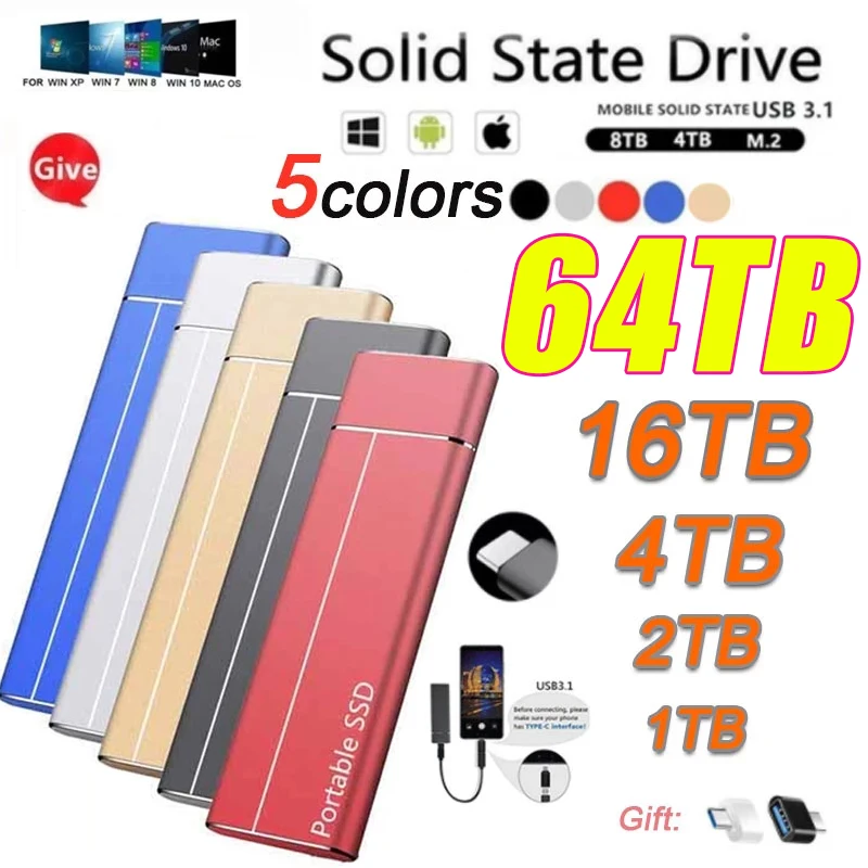 

Portable 2TB 4TB High-Speed Solid State Drive 8TB 16TB 64TB SSD Mobile Hard Drives External Storage Decives for Laptop Pc MAC