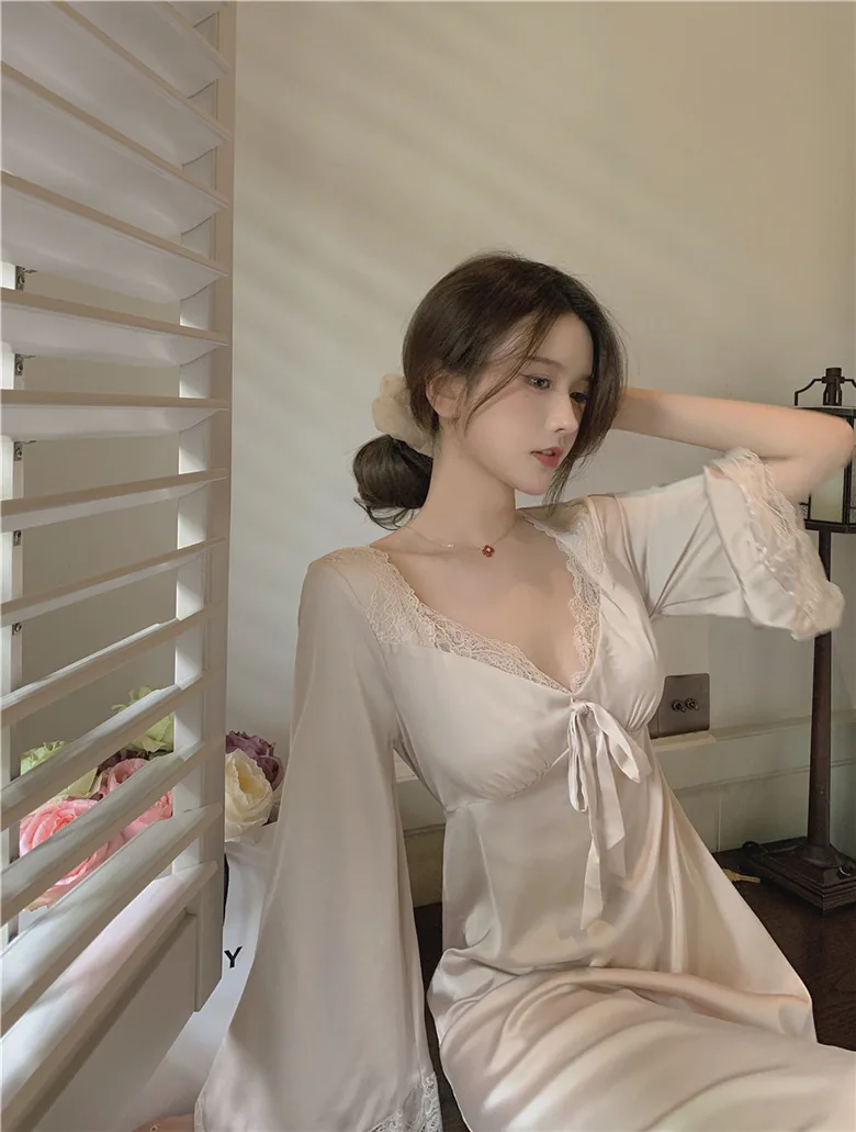 Women's Elegant Nightgown French Style Lace Ladies Summer Long Sleeve Night Dress Solid Bow Sexy Homewear Nightdress For Female