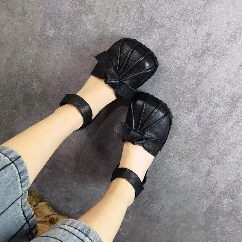 Women Retro Sandals Summer Pu Leather Breathe Comfort Ladies FlatsSlip On Black Mom Shoes Fashion Sandalias De Mujer