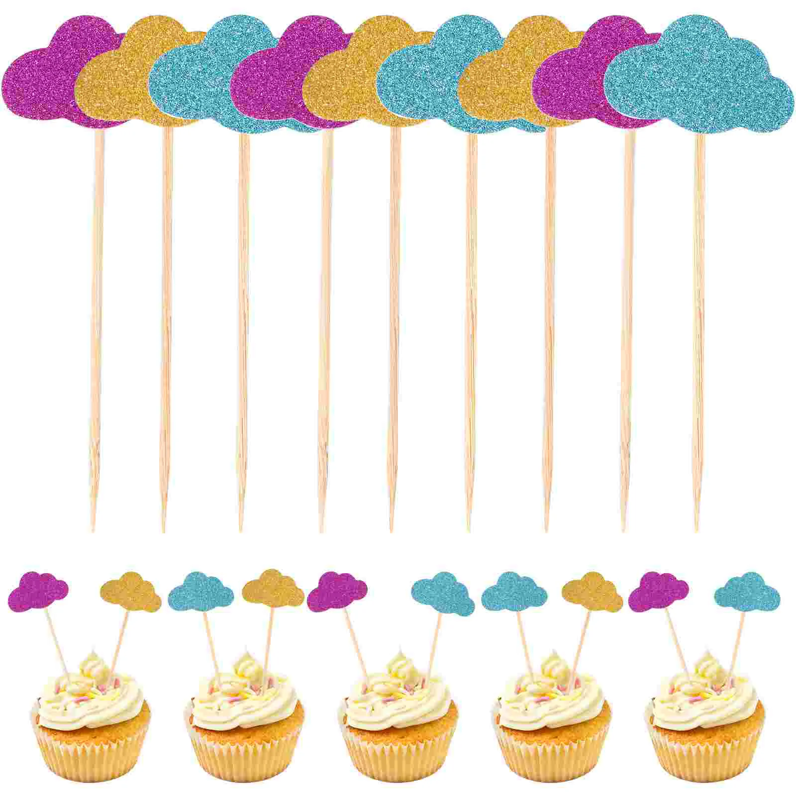 

20PCS Clouds Paper Cupcake Toppers Glittering Decorative Cupcake Bread Muffin Fruit Toppers Kids Cake Topper for Birthday