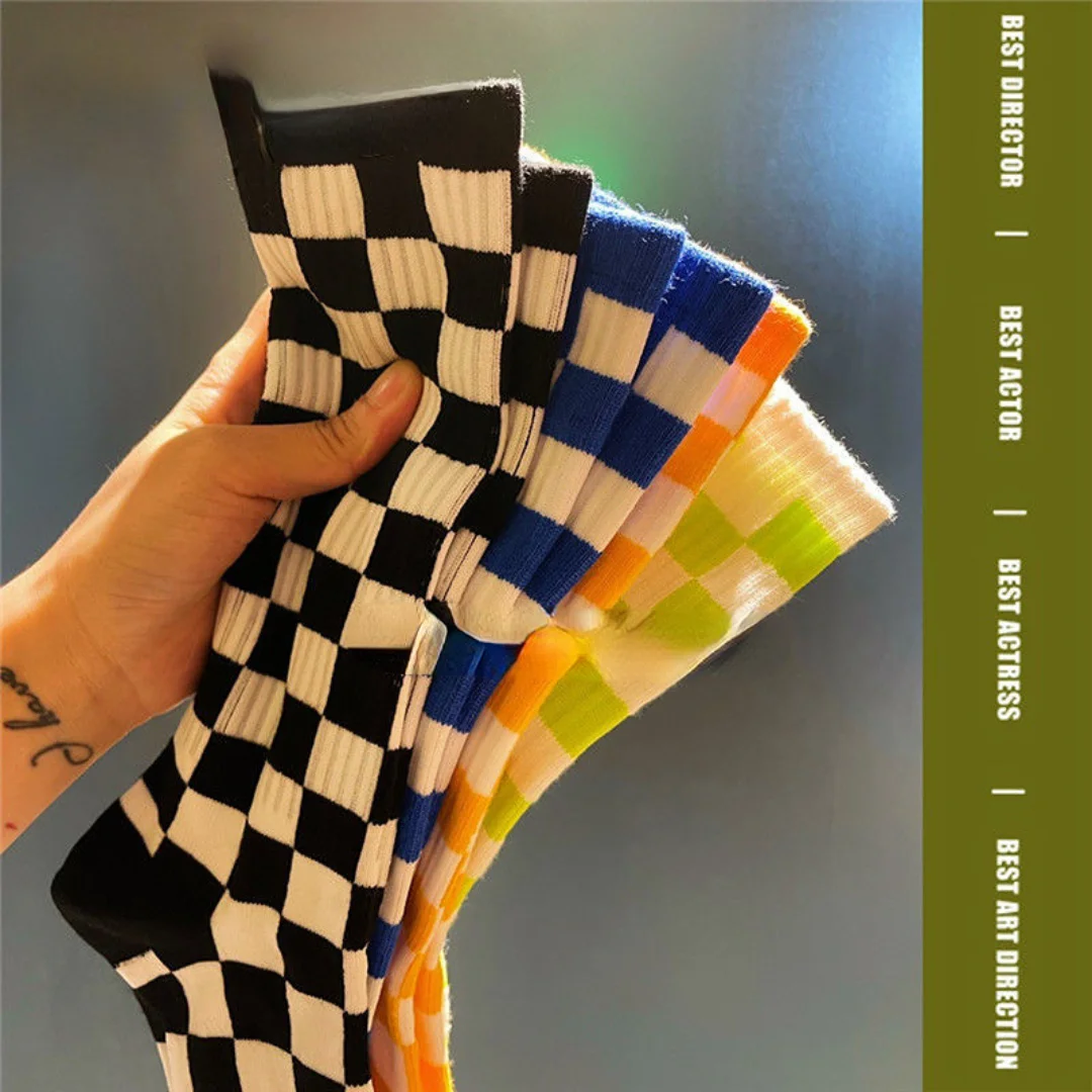 Checkerboard Socks Spring, Autumn and Winter Colored Mid-tube Socks Men's and Women's INS Sports Stockings