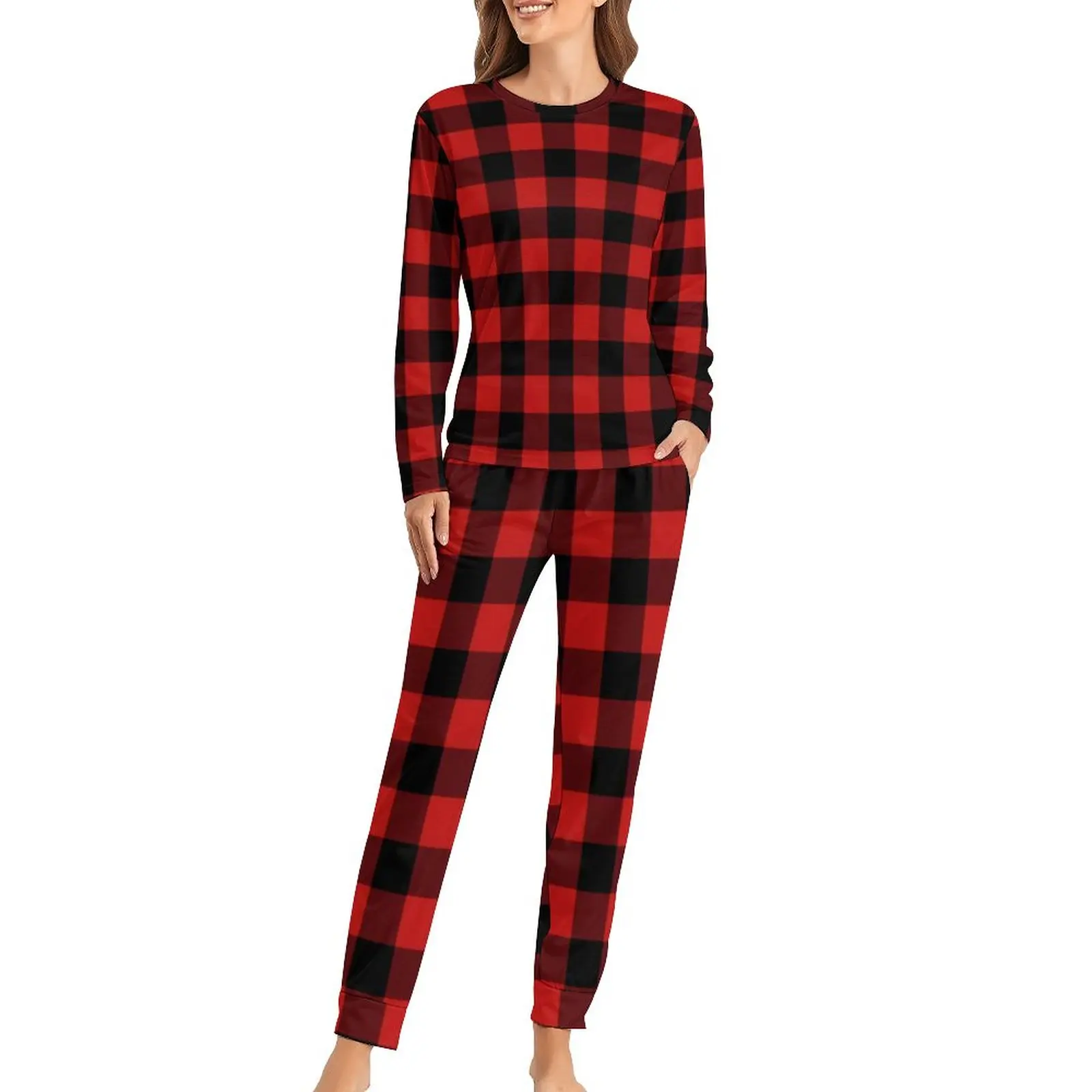 

Buffalo Plaid Pajamas Red and Black Checks 2 Pieces Leisure Pajama Sets Lady Long-Sleeve Warm Oversized Nightwear