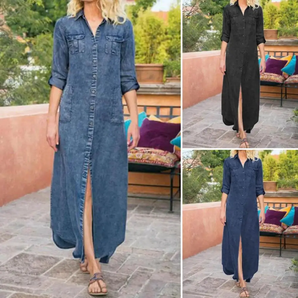 

Popular Casual Dress Long Sleeves Ankle Length Casual Female Summer Office Denim Maxi Dress Long Dress Shirt Dress