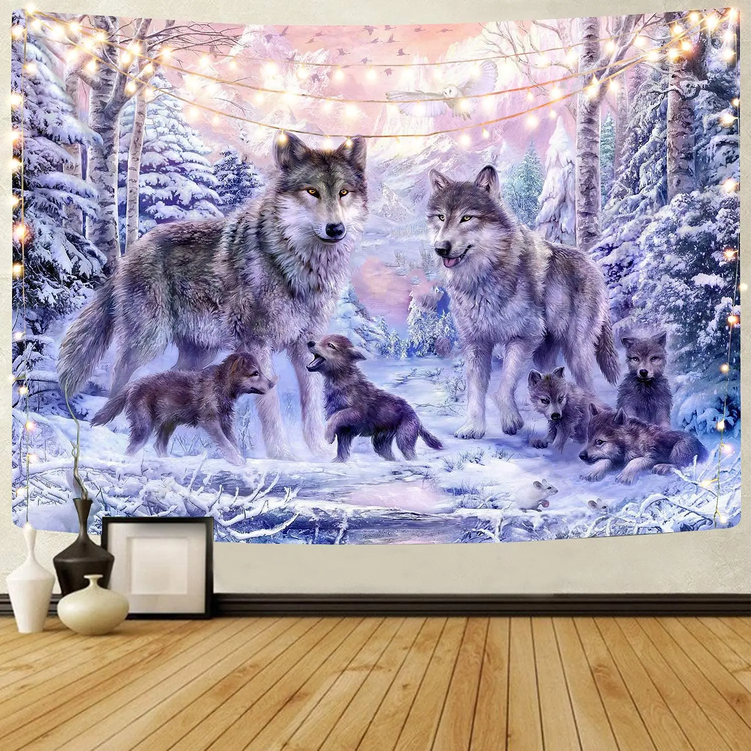 

Snow Wolf Tapestry Pink Family Wolves Tapestry Wall Hanging Wildlife Animals Tapestries for Bedroom Living Room Dorm Decorations